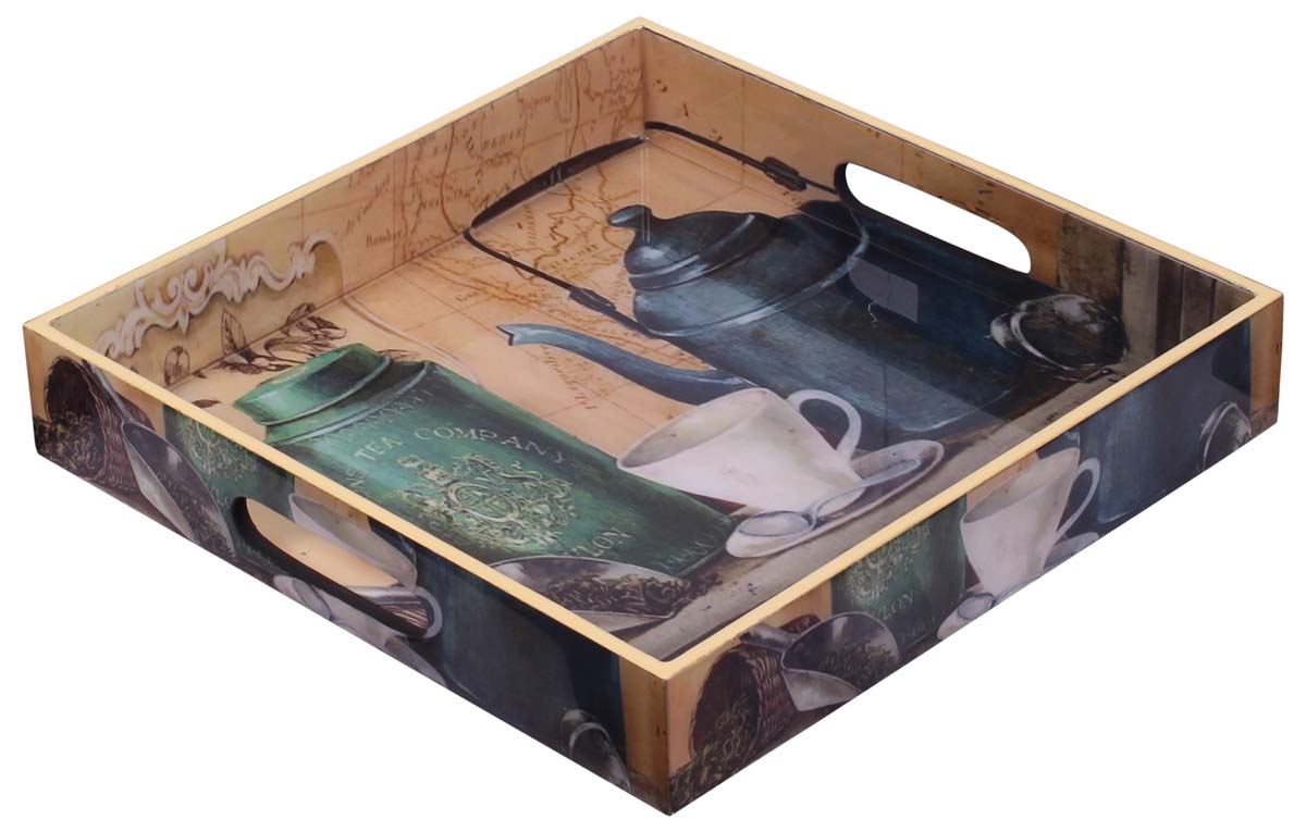 Buy in Bulk Wholesale Serving Tray in MDF - Multicolored - 10” Hand-Crafted Decorative Tray with ‘Darjeeling Tea & Kettle’ Pattern - Classic Serve-Ware/Decor/Gifts from India